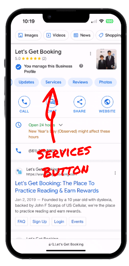 Google Business Profile Blue Services Button on Mobile