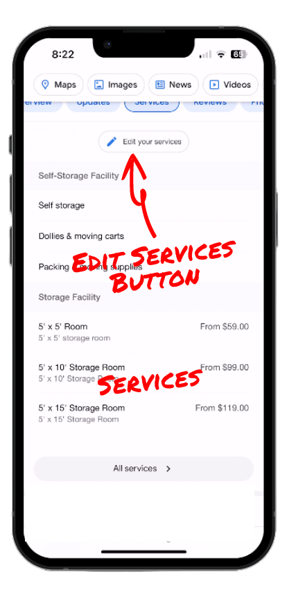 Google Business Profile Edit Services Button on Mobile Business Profile Mobile edit Service Link