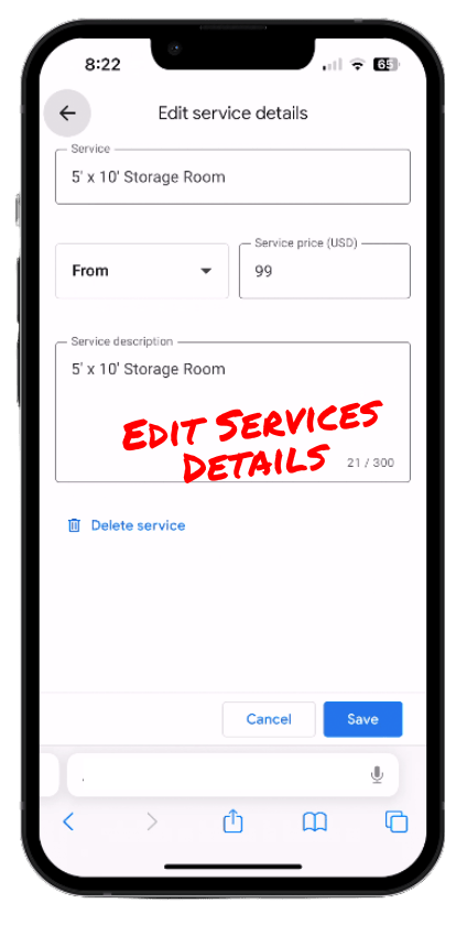 Google Business Profile Edit Services Details on Mobile